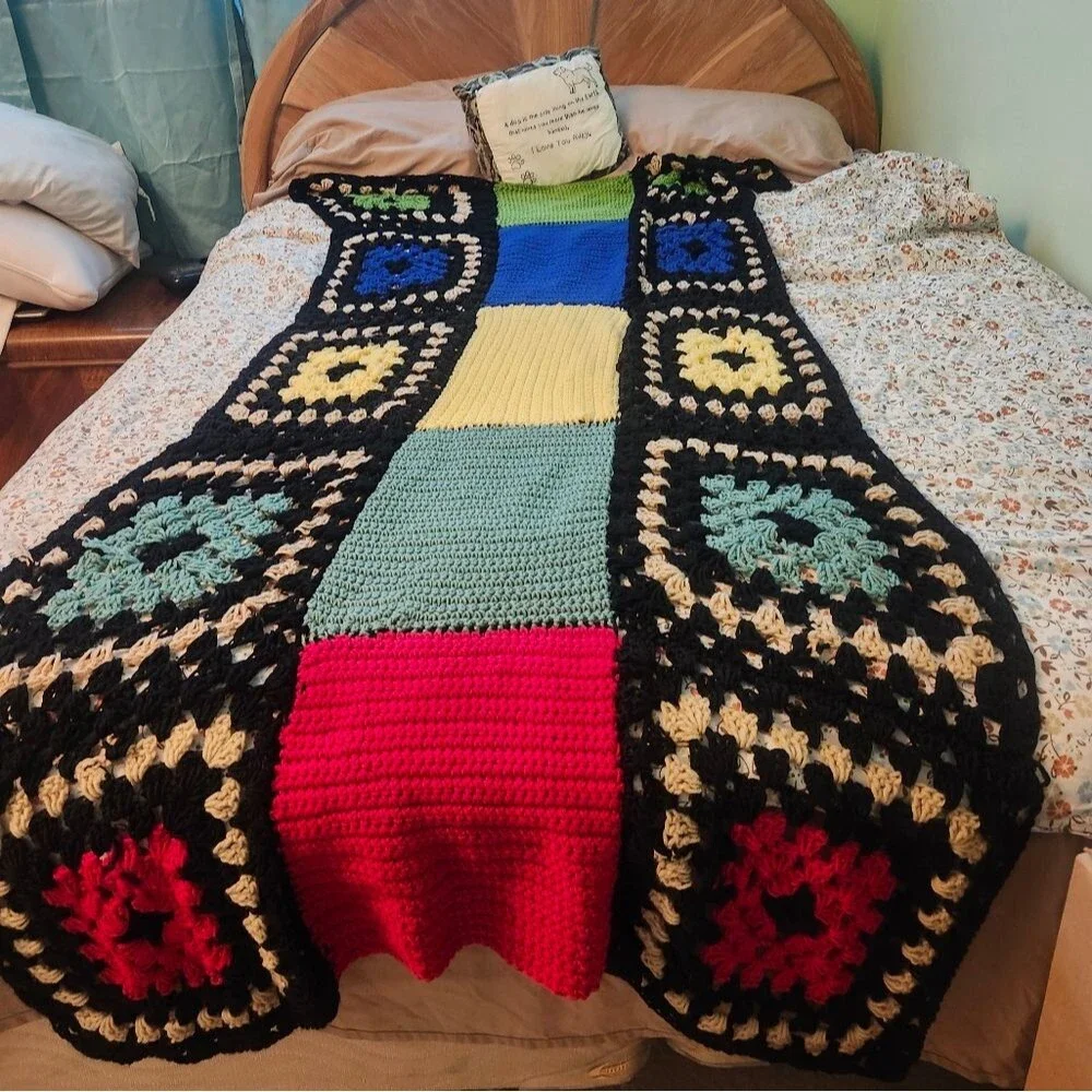 Hand Crafted Crochet Blanket Afghan Granny Square Twin X Long  Multi color 72x32